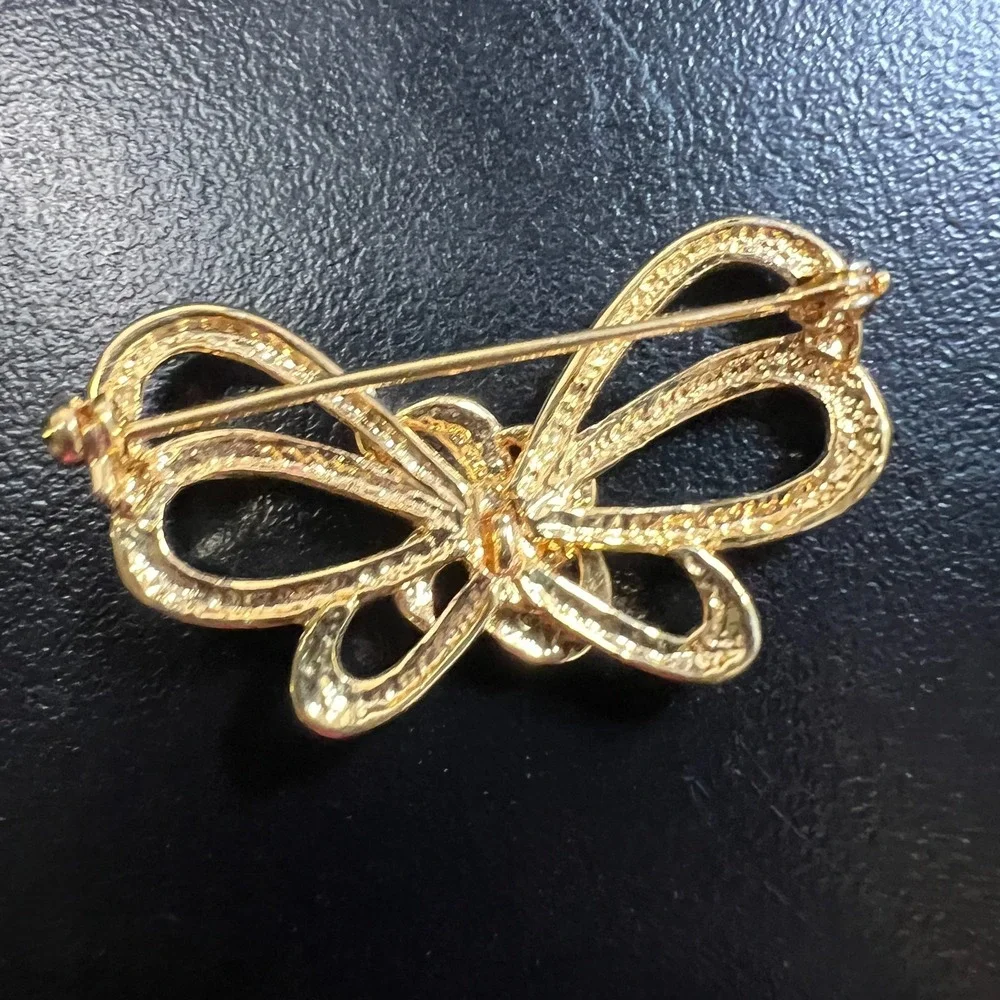 Gold‎ Tone Bow Brooch Rhinestone Accents Elegant Vintage Inspired Ribbon Pin